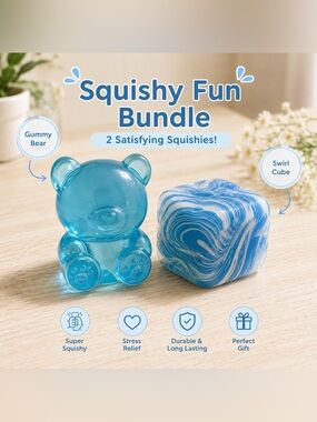 Blue Translucent Bear & Matching Swirl Cube Squishy Bundle